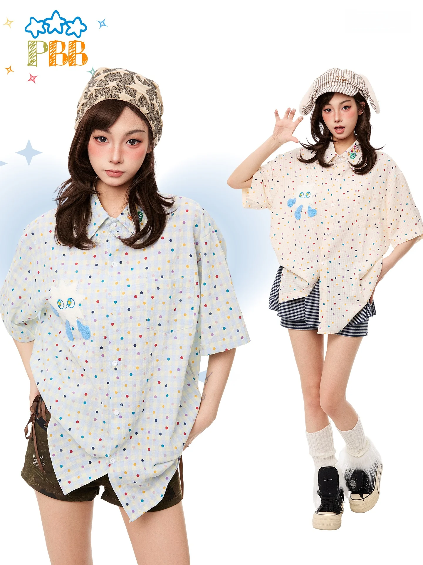 PBB Casual Style Short Sleeve Embroidered Loose Women's Shirt Cotton Polyester Blend Anti-Wrinkle Summer Fashion Outerwear