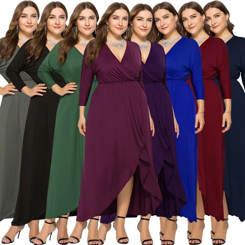 

2025 New Autumn/Winter Sexy V-neck Bat Sleeve Large Swing Wrap Hip Solid Color Dress