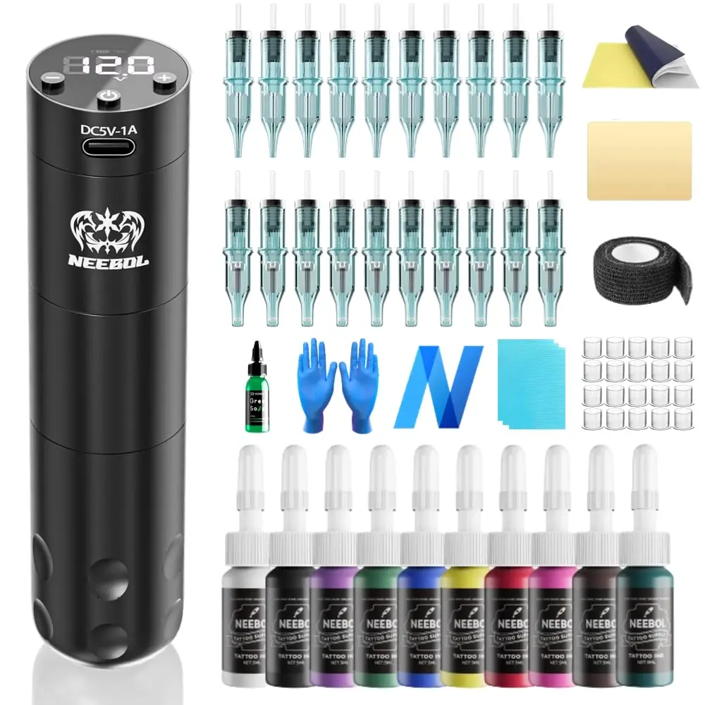 

Wireless Tattoo Pen Kit, Rotary Tattoo Gun, 8 Hours Battery Life, Screen Display, 20 Cartridge Needles, Complete Cordless Tattoo