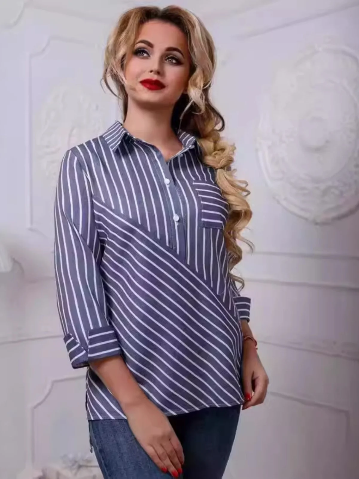 

Casual Striped Women's irt Summer Loose Long Sve Straight Leg Pants Faion Top Quali Material Comfortable Fit