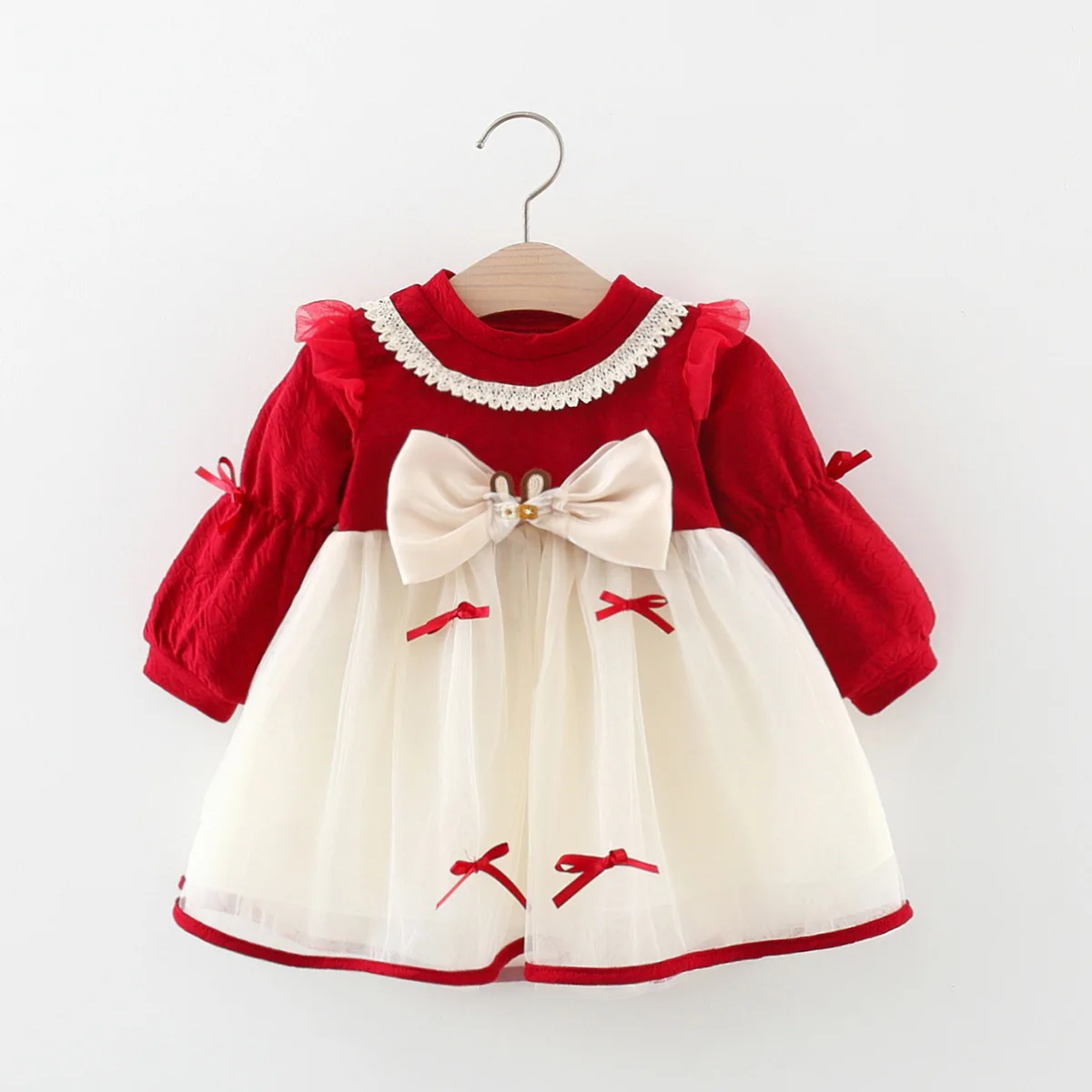 Autumn Spring Baby Girls Long Sleeve Mesh Dress Lace Bow Party Children Clothing Korean Style Toddler Kids Costume 0 to 3 Yrs