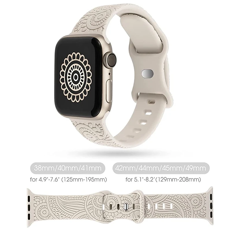 Bracelet en silicone gravé pour Apple Watch, bracelet sport floral, iWatch Series Ultra 8, 7, 6, SE, 5, 4, 3, 44mm, 49mm, 40mm, 41mm, 45mm, 38mm,