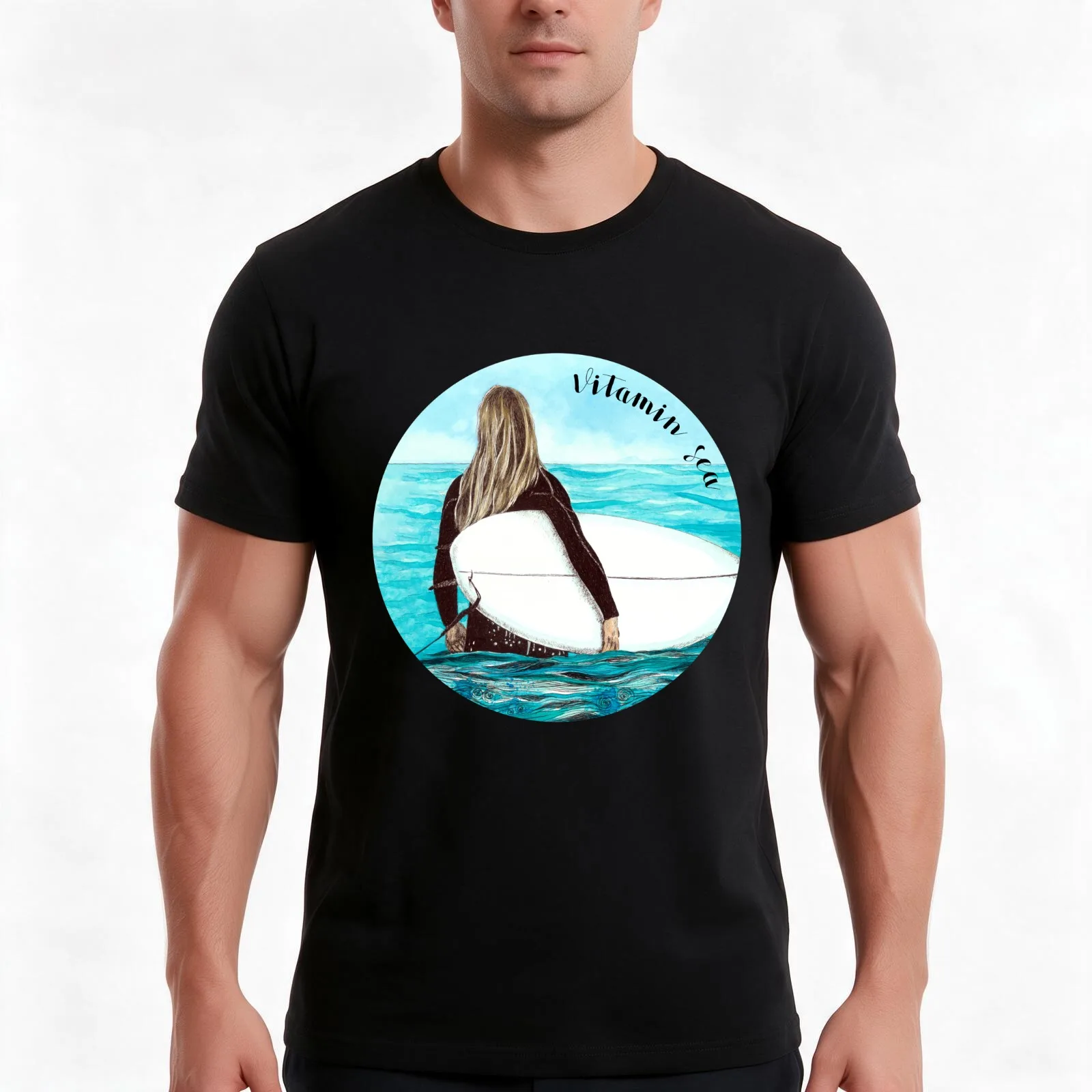 Vitamin Sea: camiseta con estampado de una chica surfista rubia con una tabla de surf blanca sobre un mar turquesa, camiseta de algodón para uso diario en verano, unisex, para hombres y mujeres.