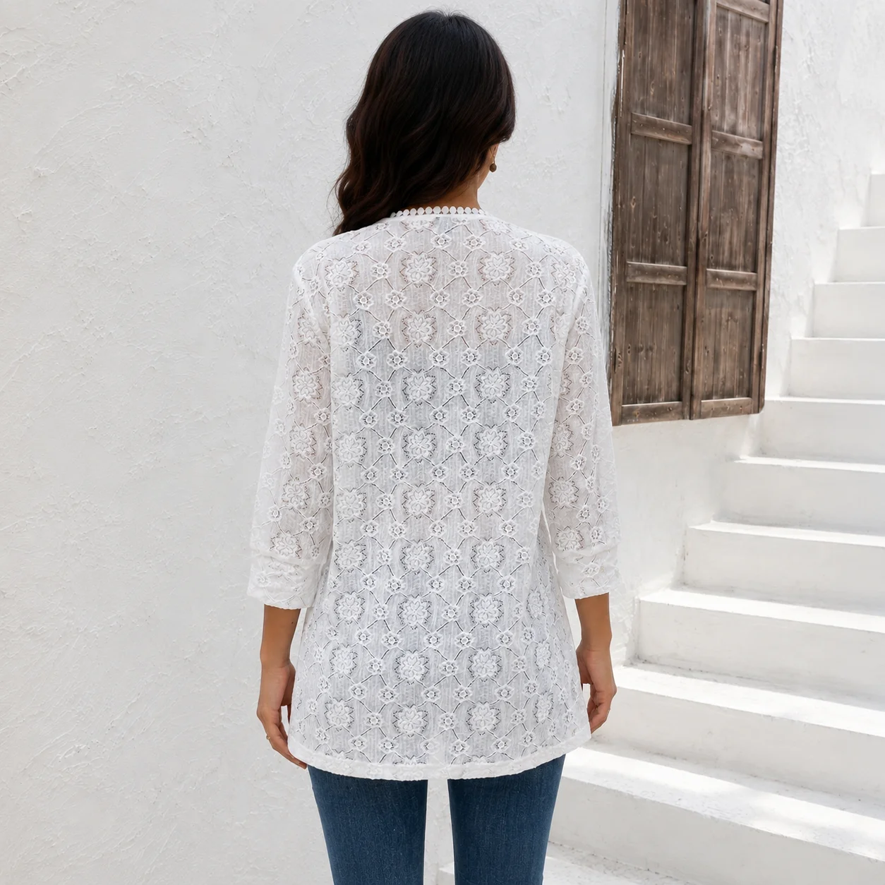 Women White Lace Cardigan 3/4 - đánh giá và giá Kimono Sheer Floral