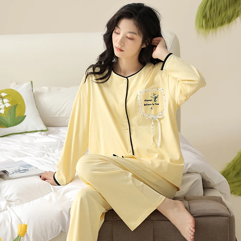 M-XXL All Cotton Spring and Autumn Women's Loose Sleepwear Round Neck Cardigan Bright Color Women's Home Furnishing Autumn Set