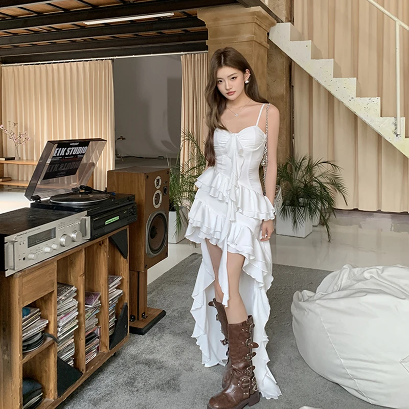 Vestido camisero blanco Irregular para mujer, vestido coreano con volantes, vestido elegante con tirantes finos, novedad de verano, moda Harajuku, Vestidos sexis con espalda descubierta