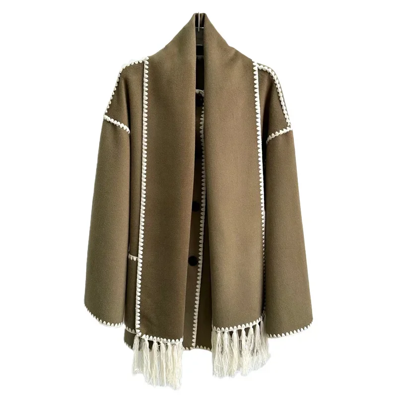 Totem* Fashion vintage Oliva green women\'s wool coat 2024 winter new loose warm tassels Scarf collar two-sided woolen coat