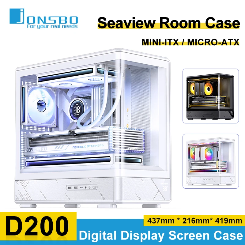 Jonsbo D200 MATX Case Seaview Room Chassis Without Pillars Mini-ITX Digital Display Desktop PC Case Support 240 Water-cooled