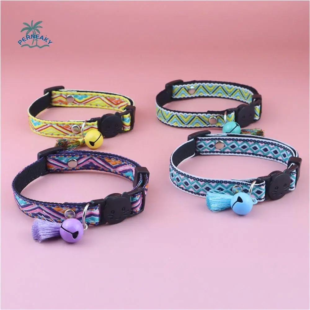 

Adjustable Cat Collar Colorful With Tassels And Bells Pet Necklace Plaid Jacquard Pattern Exquisite Pet Neck Strap Photograph