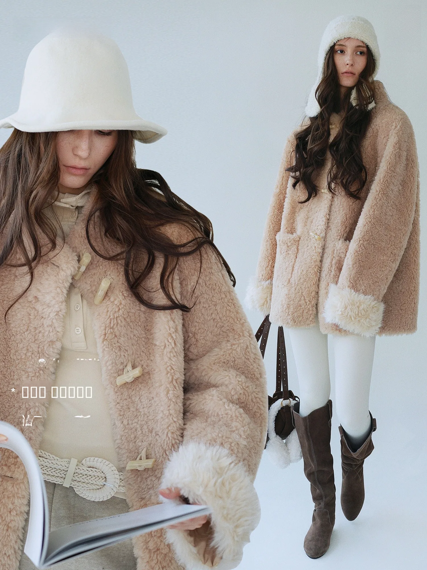 

AZHU 00% Wool Lamb Fur Collar Mid-Length Inteated Leather And Fur Coat Casual Sle Straight Cut Long Sve Button Closure