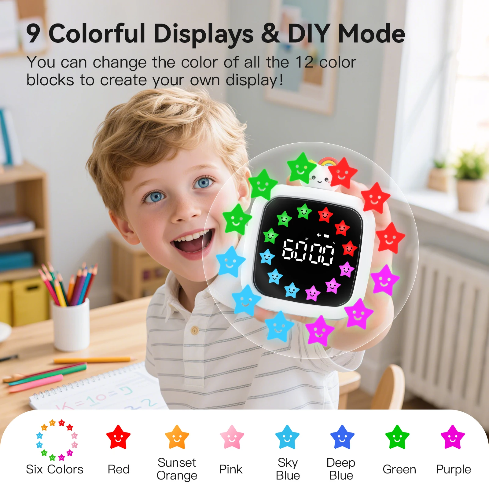 مؤقت العد التنازلي البصري القابل لإعادة الشحن مع وظيفة الإيقاف المؤقت، مؤقت رقمي صامت لمدة 99 دقيقة للأطفال مع 19 نغمة رنينًا، شاشة DIY #4