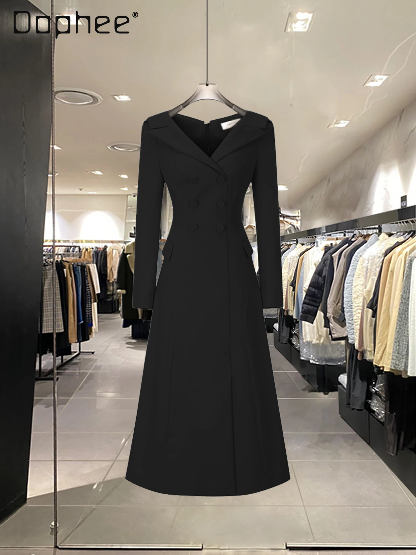 

2025 Autumn New Fashion Professional Dress High-End Elegant V-Neck Off-Shoulder Single-Breasted Slim Mid-Length Dress for Women