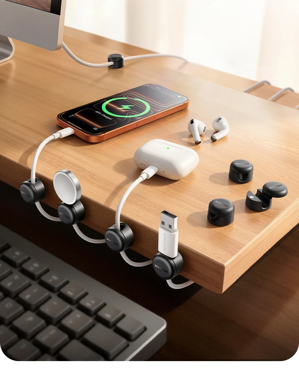 Rocoren Spiral Cover Magnetic Cable Clamp Cable Smooth and Adjustable Rope Holder Under Table Cable Management Cable Organizer
