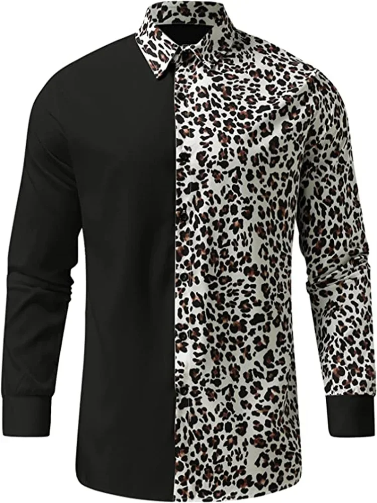 2023 Fashion New Men\'s Retro Leopard Print Animal Print Button Long Sleeve Casual Shirt S-6XL Size Black White Leopard Print