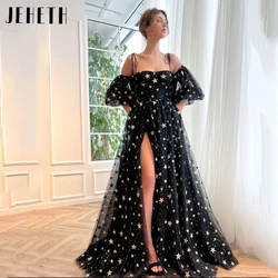 JEHETH siyah yıldızlı tül balo kıyafetleri spagetti sapanlar puf kollu parti askısız yan bölünmüş önlük Backless Vestido De fiesta Black Starry Tulle Prom Dresses Spaghetti Straps Puff Sleeves Party Strapless Side Spli