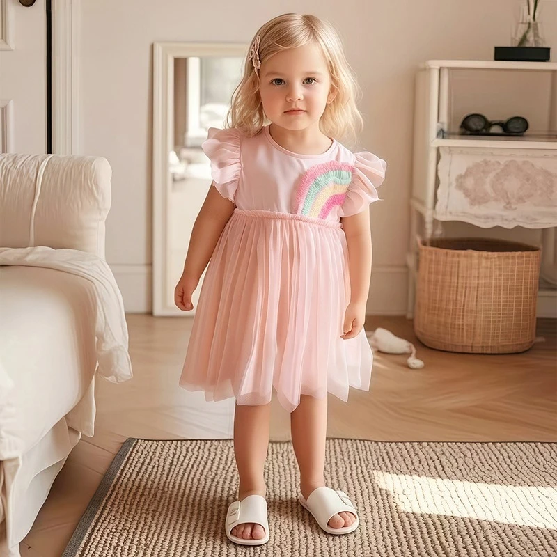 

Summer Girls Princess Dress with Tulle Skirt Cotton Lining Flower Girl Dress Embroidered Formal Party Wear for Toddler Kids 2-8Y