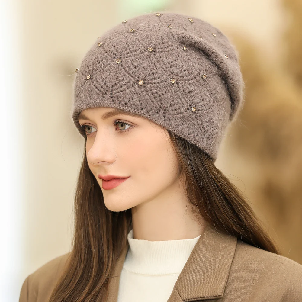 Nowa damska czapka zimowa Streetwear mieszanka futra królika ciepła czapka moda udekoruj czapkę typu beanie dla kobiet codzienna czapka z dzianiny