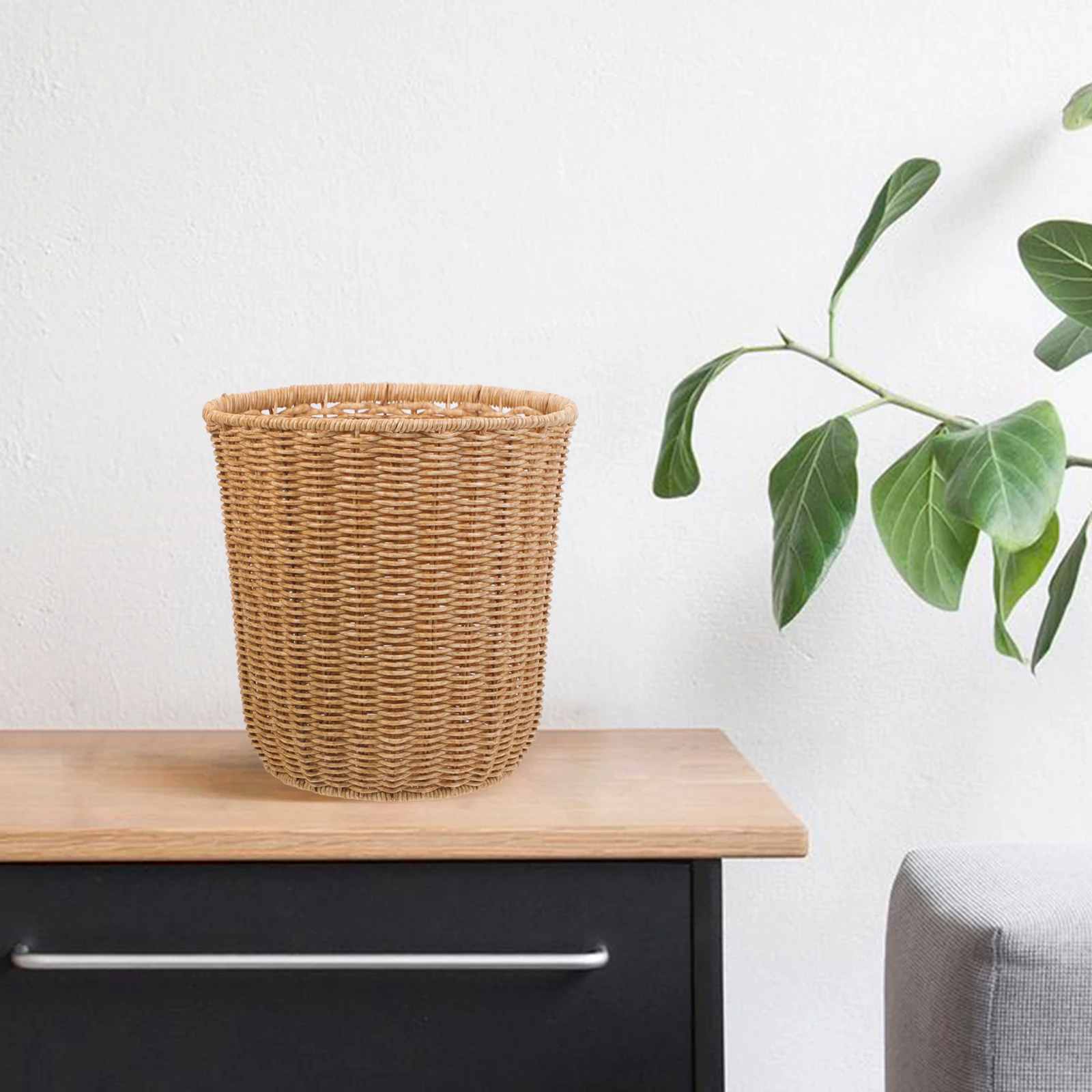 

Woven Storage Basket Trash Can Imitation Rattan Woven Basket for Living Room Bathroom Kitchen Sundries Storage Bin