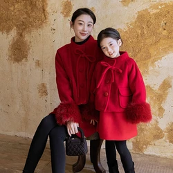 Mother and Dughter Matching Winter Outfits Women Red Warm Jacket and Sleevless Dress Two Piece Set Mom and Girl New Year Clothes