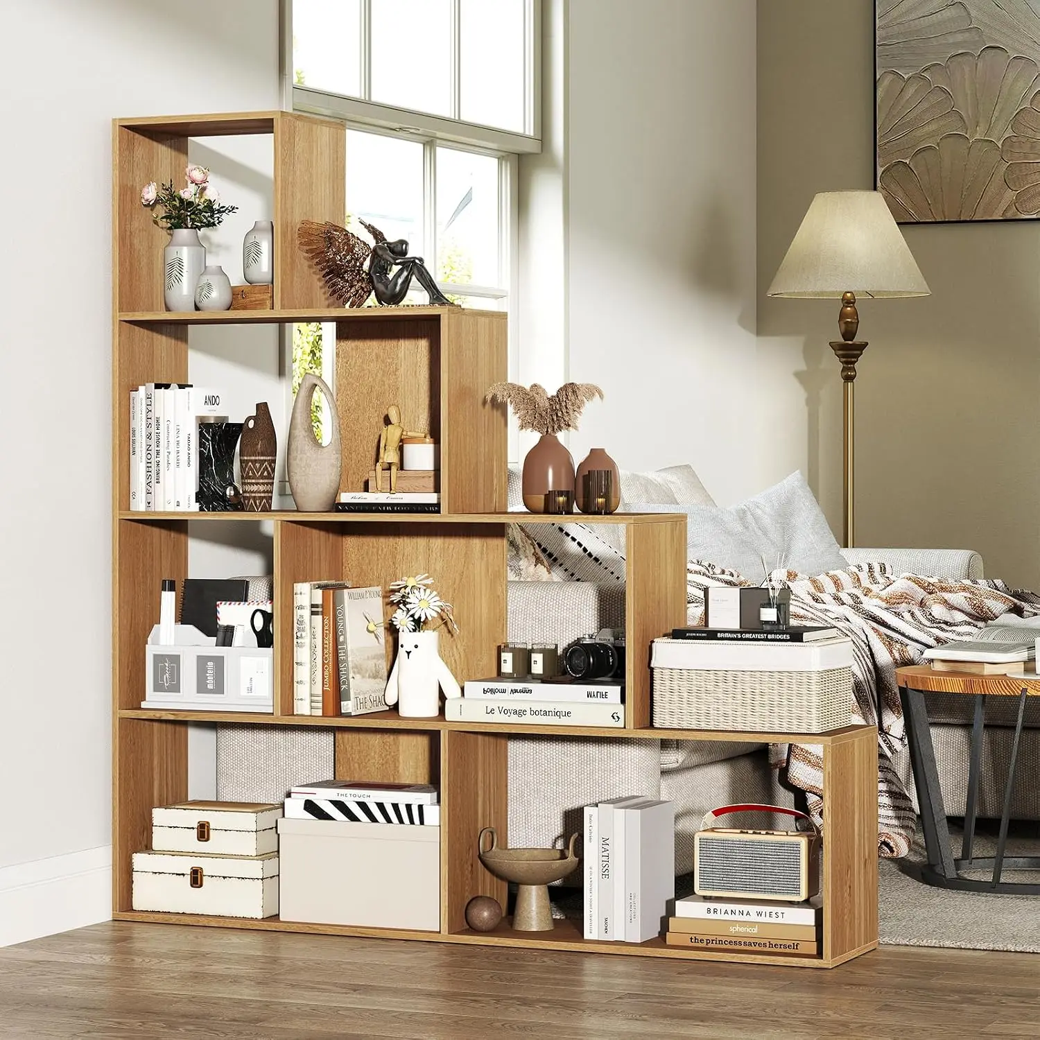 6 Cube Geometric Bookshelf L Corner 4 Tier Etagere Backpanel 10 Shelves Storage Rack Home Office Living Room, Customized