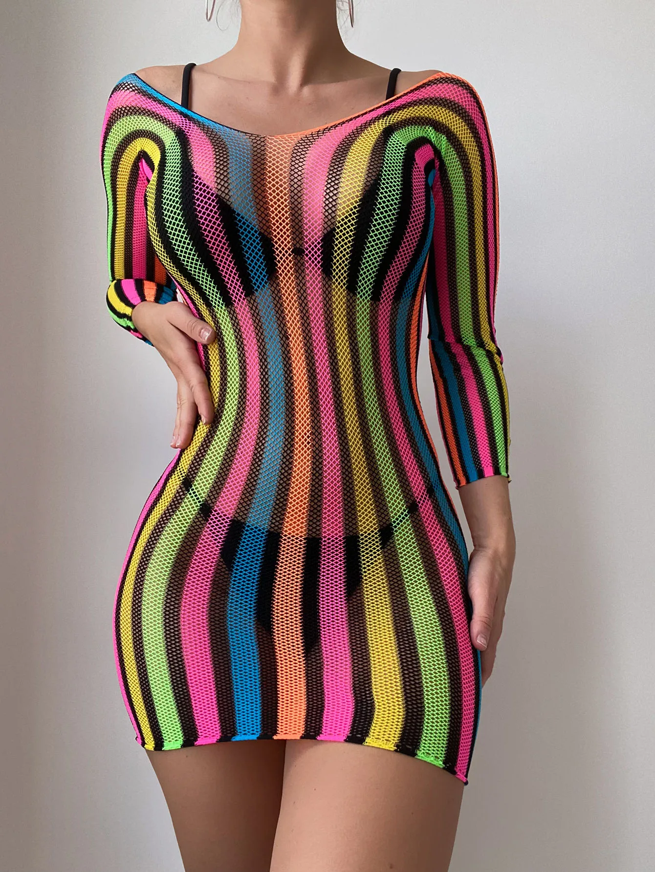 Stunning Fish Net Teddy Dress Semi-Sheer Rainbow Striped Party Dress Women\'s Lingerie Dresses