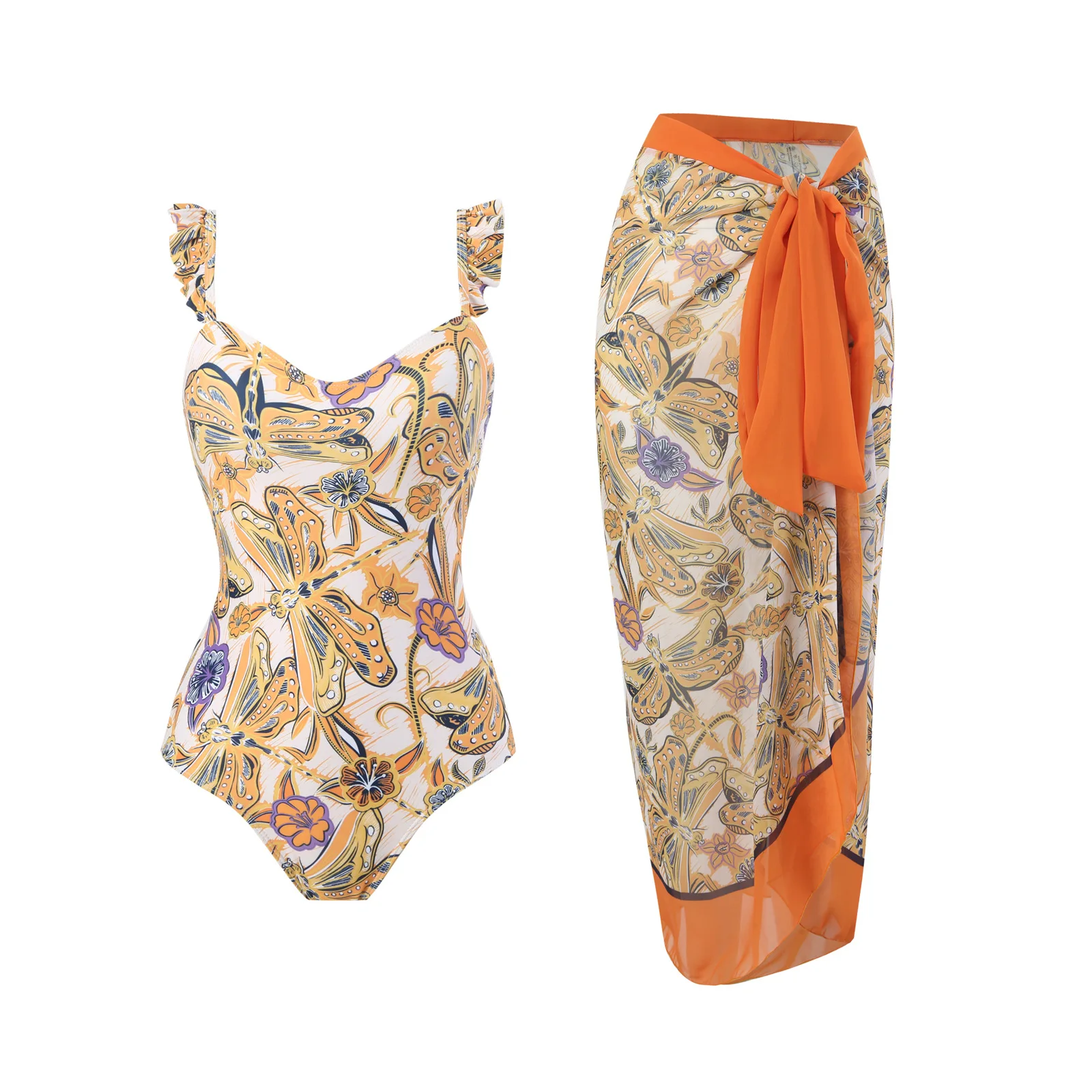 2025 Nieuwe Franse Retro Dames Badpakken uit één stuk Dragonfly Print Sexy Badpakken Hot Spring Vakantie Chiffon Rok 2-delige sets
