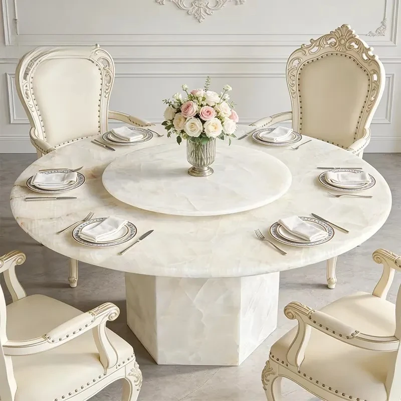 #Factory Style White Onyx Marble Dining Table with Marble Pedestal Base for Villa Apartment Hotel Dininig Room