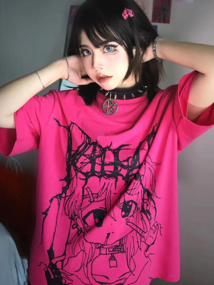

Summer Streetwear Punk Casual Hollow Out Tops Y2k Aesthetic Cartoon Printing Women Tees Harajuku Vintage Grunge Oversize Tshirts