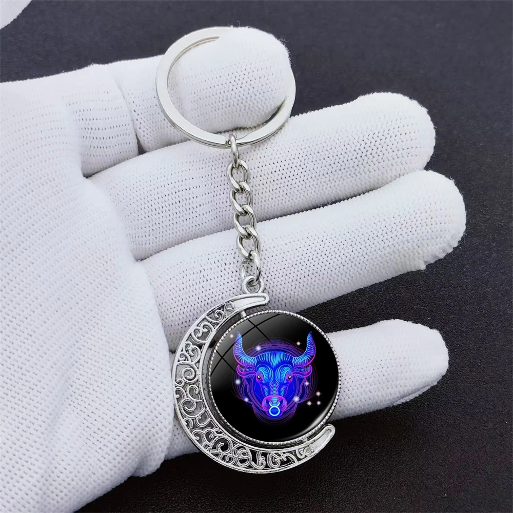 New 12 Constellation Glass Ball Key Rings Double Sided Rotatable Pendant Zodiac Signs Keychain For Women Fashion Birthday Gift
