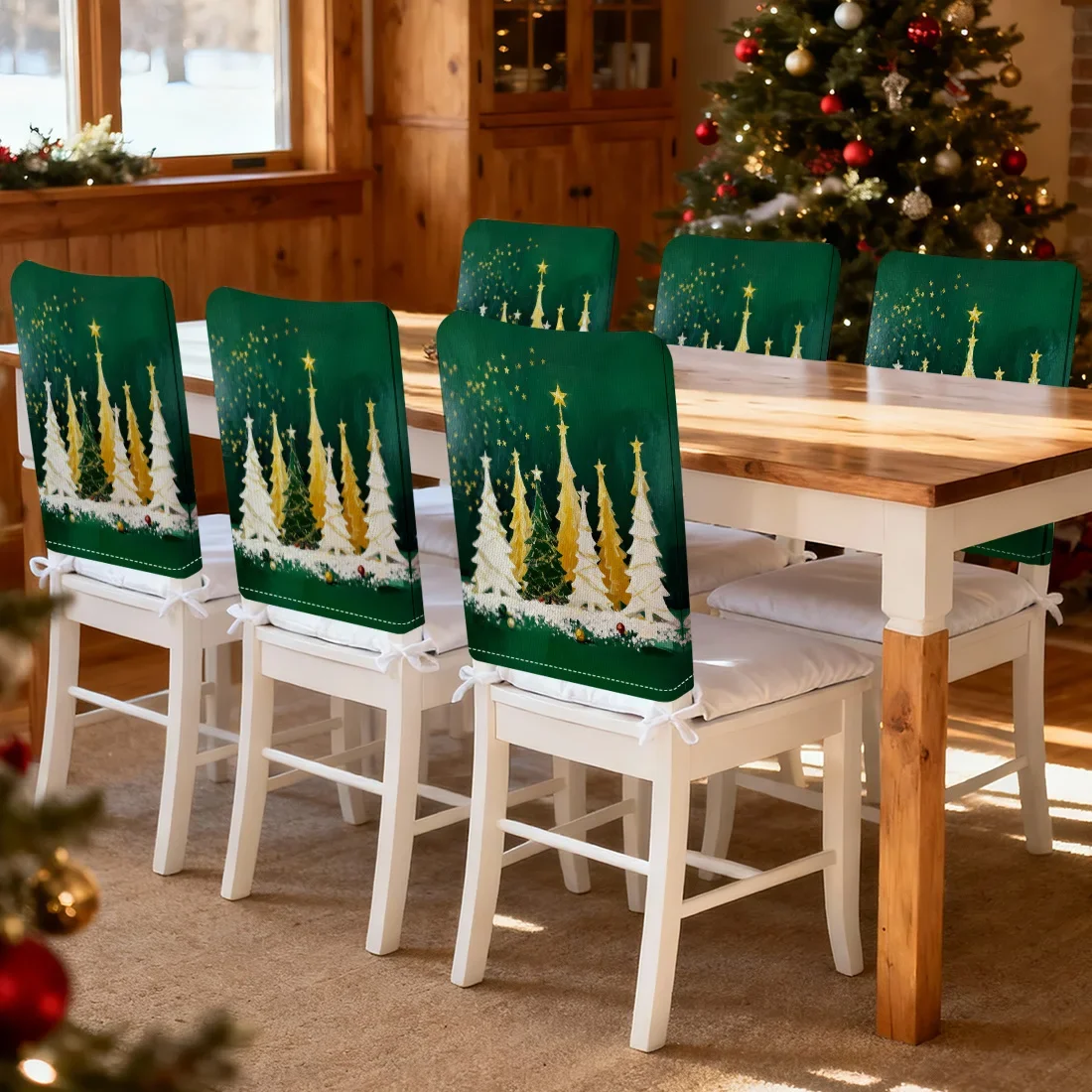 6pcs/set Oil Painting Christmas Tree Chair Cover Table Decoration Dining Seat Chair Covers Dining Room Bar Party Banquate