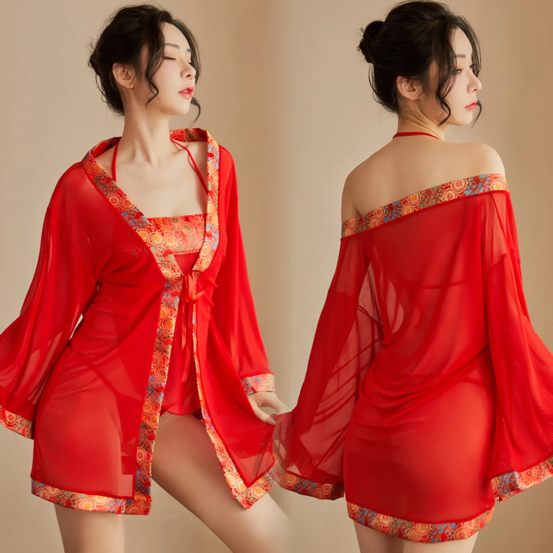 

Red Antique Mesh Kimono Style Temptation Uniform Womens Clothing Bathrobe Pajamas Garment Home Costume Hollow Out Sexy Attire