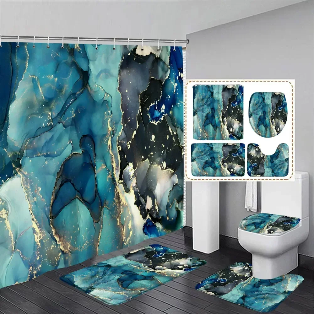 Colourful Marble Shower Curtain and Rug Set Luxury Gold Textured Art Hanging Curtains Bath Mat Toilet Seat Cover Bathroom Decor