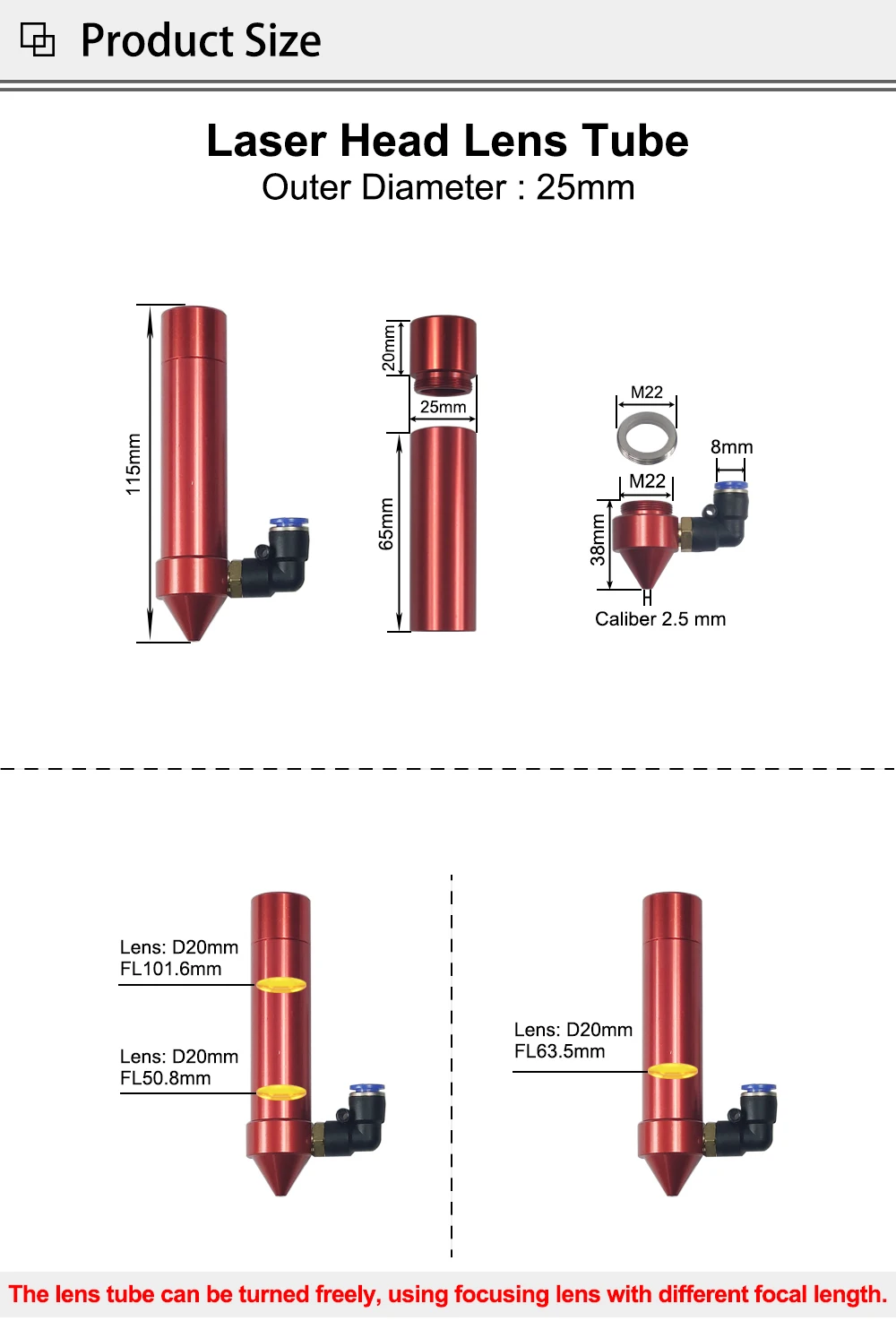 Hunst Co2-Linsenrohr, Außendurchmesser 25 mm, für Linsendurchmesser 20 mm, FL 50,8/63,5/101,6 mm für CO2-Laserschneid- und Graviermaschine – Detail 2