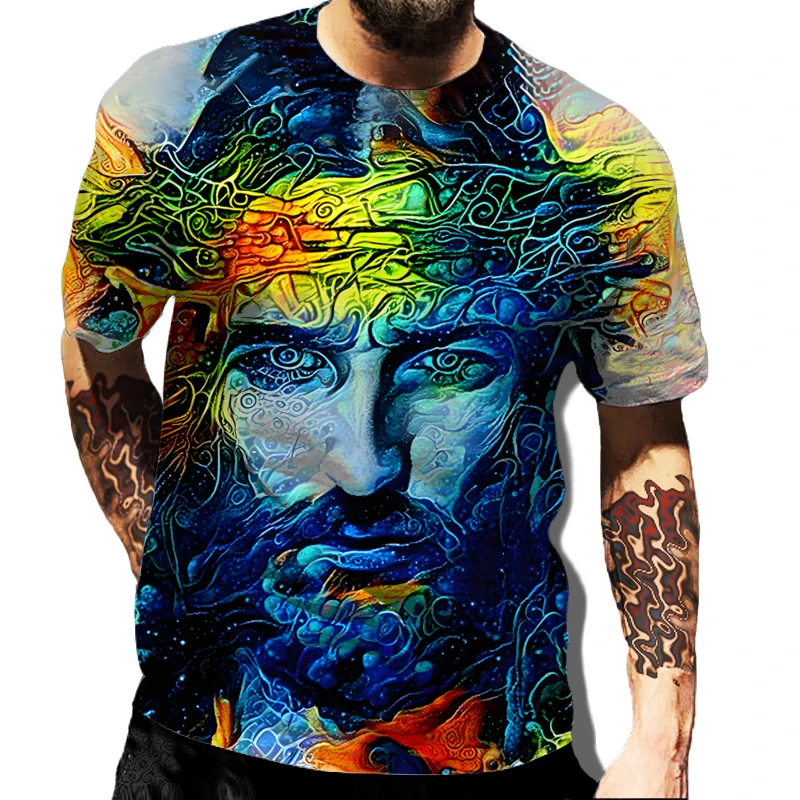 Oversized T Shirts For Men Colorful painting Tee Jesus Christ Cross 3D Print O-neck Tops Vintage Hip Hop Short Sleeve Men Cloth