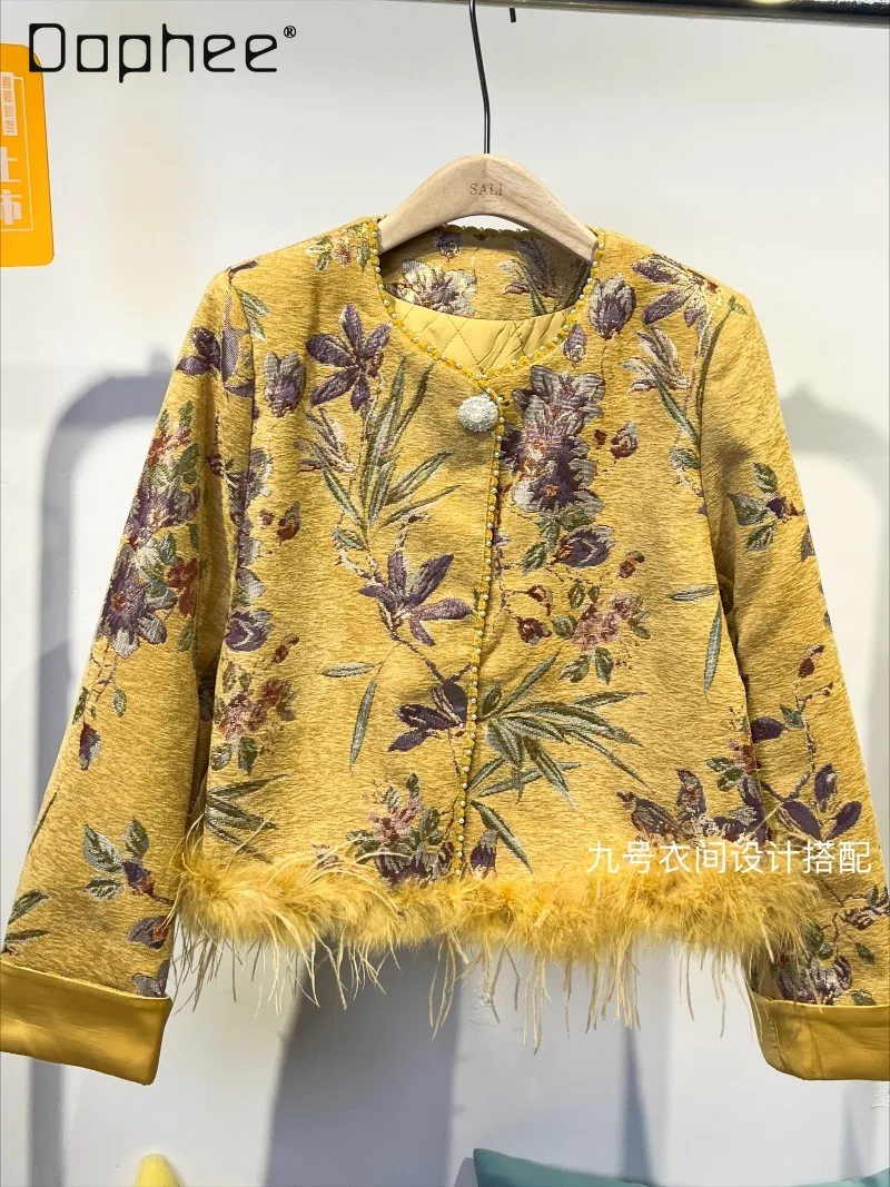 

New Chinese Style Heavy Beaded Jacquard Jacket for Women 2025 Autumn New Luxury Ostrich Feathers Long Sleeve Thick Cotton Top