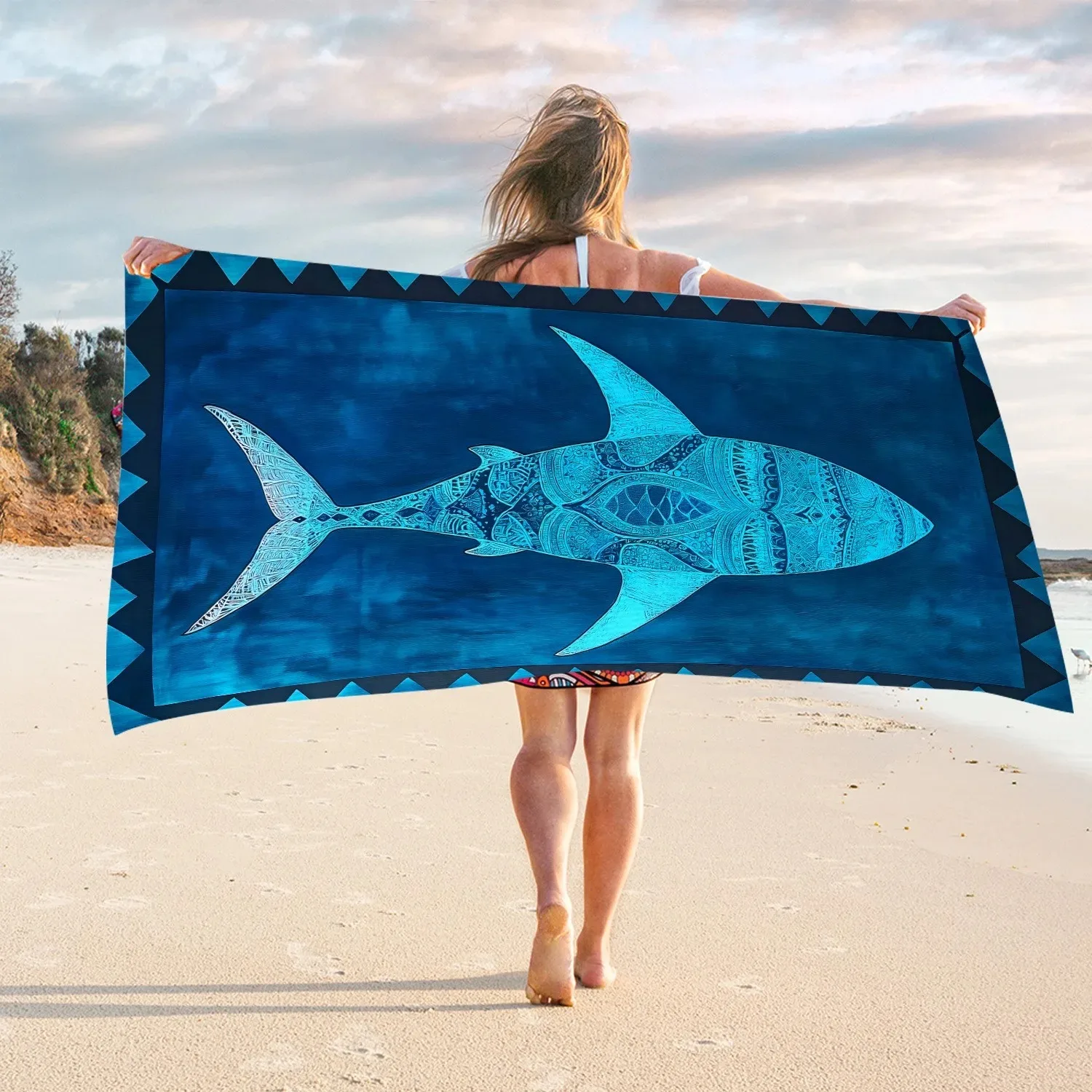 Tribal Shark Beach Towel, Boho Ocean Mandala Print, Quick Dry Soft Towel for Beach & Pool Absorbent Oversized Bath Towel