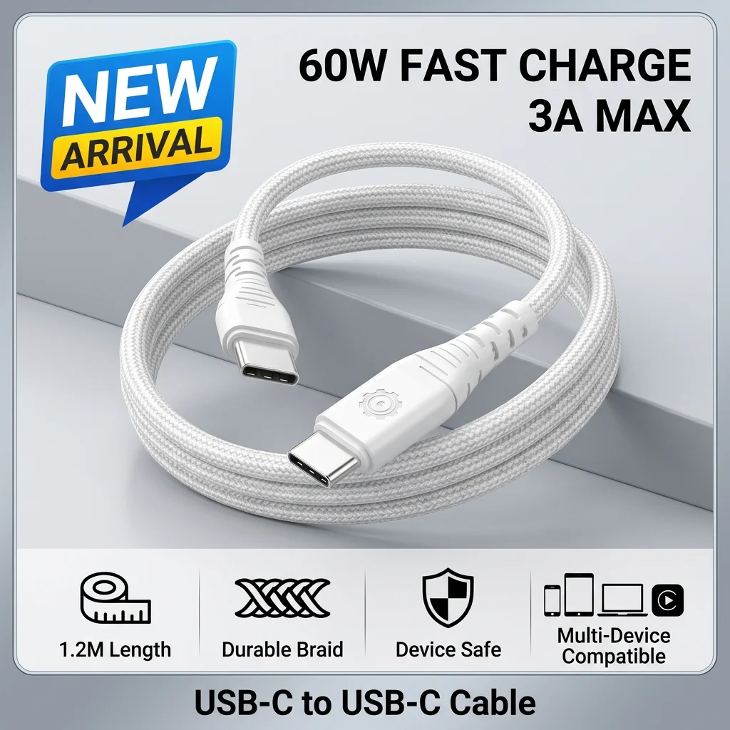 SYNLOGIC 60W PD USB-C to USB-C Cable 3A Fast Charging Braided Type C Cord 1.2M Data Sync Wire For Phone Laptop Pad Carplay