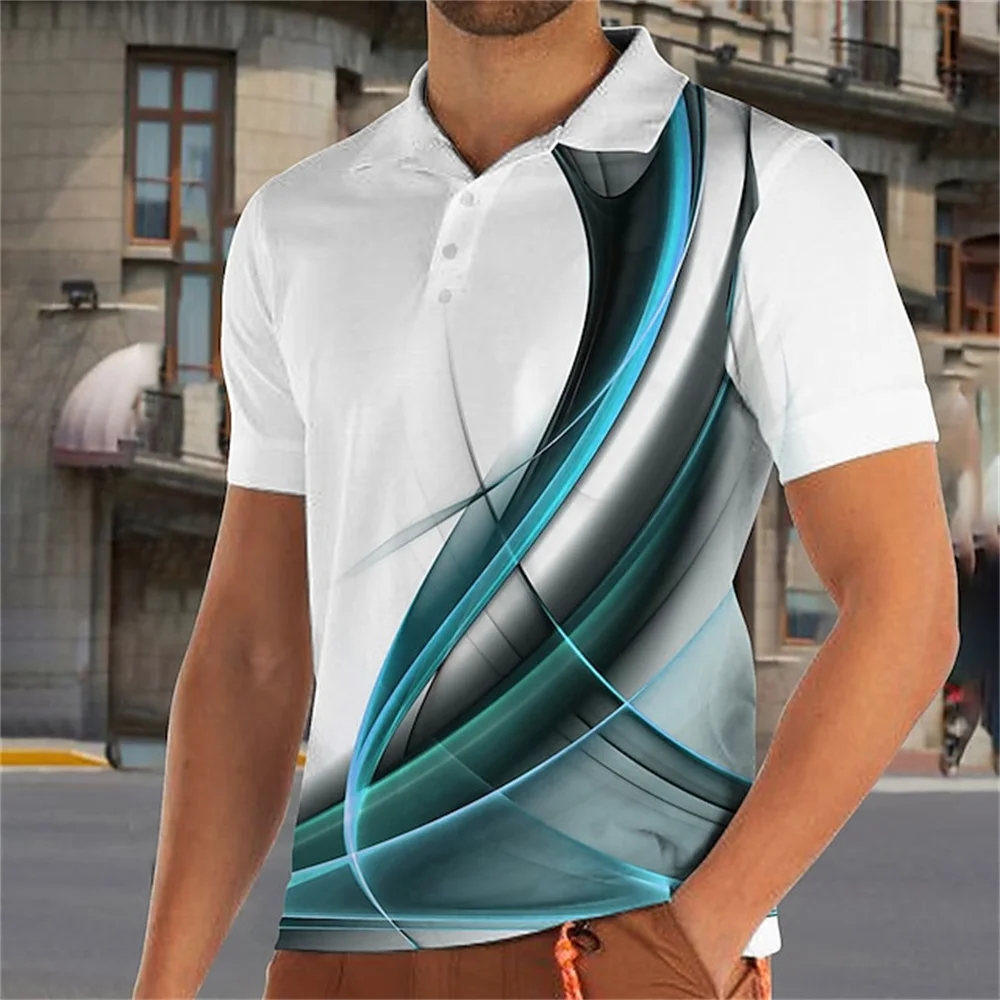 Fashion Men\'S Polo Shirt Gradient Line Summer Short Sleeve TShirts Casual Daily Lapel Tops Tees Striped T Shirt For Man Clothing