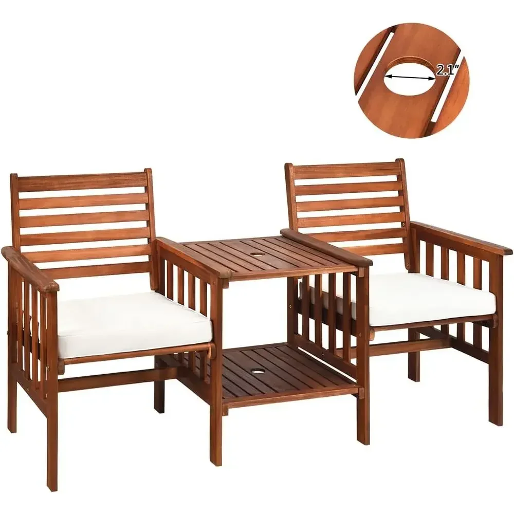 

Wooden Loveseat Patio Bistro Set with Cushions and Umbrella Hole for Outdoor Garden Balcony