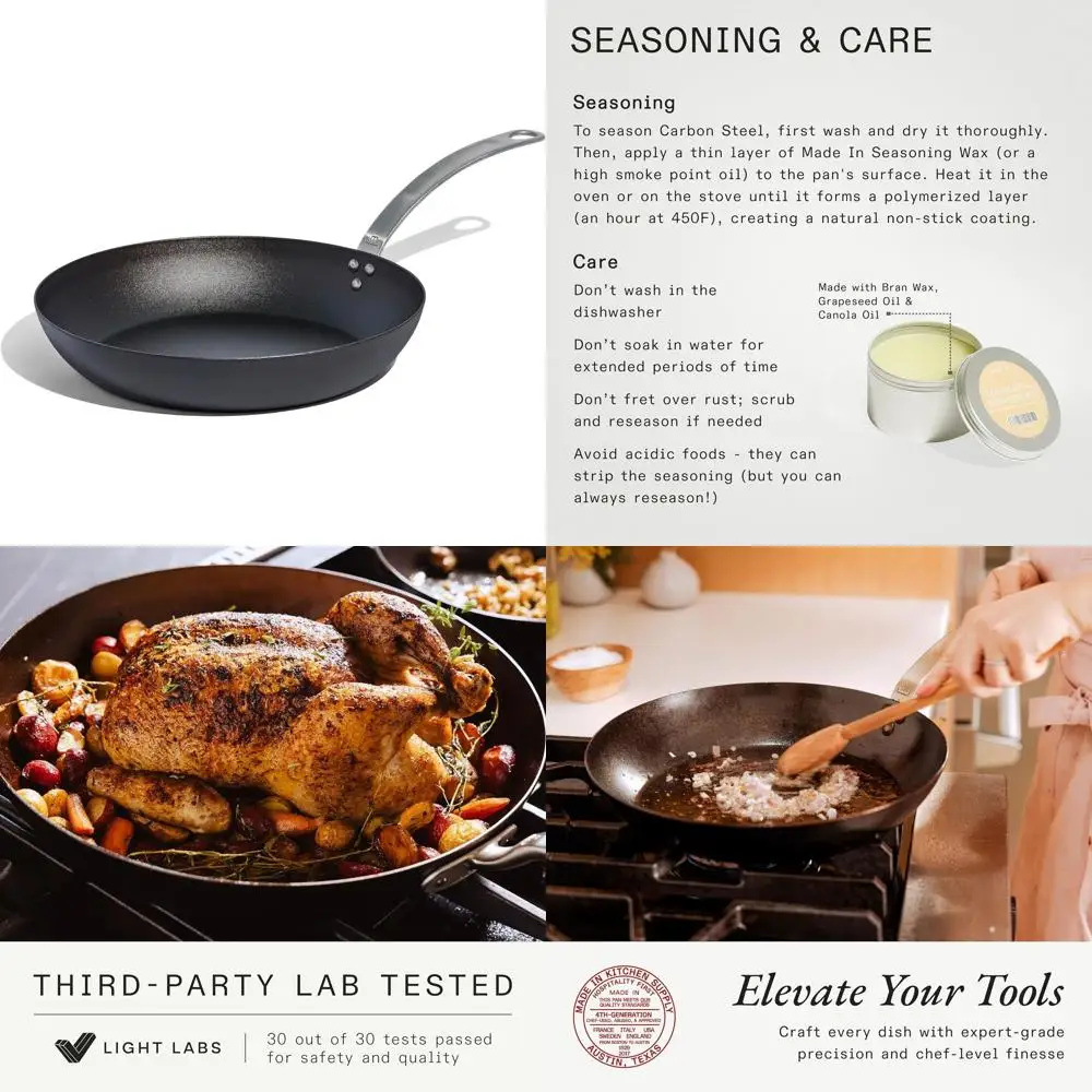 Utensilios de Cocina - Sartén de Acero al Carbono Azul de 12 Pulgadas con Revestimiento - (Como la Hierro Fundido, pero Mejor) - Utensilios de Cocina Profesionales - Apta para Inducción