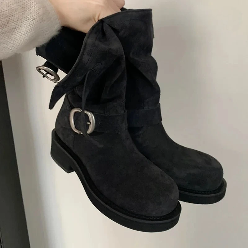 Bottines rétro en caoutchouc pour femmes, avec boucle en métal, tête ronde, polissage, Locomotive, automne 2026