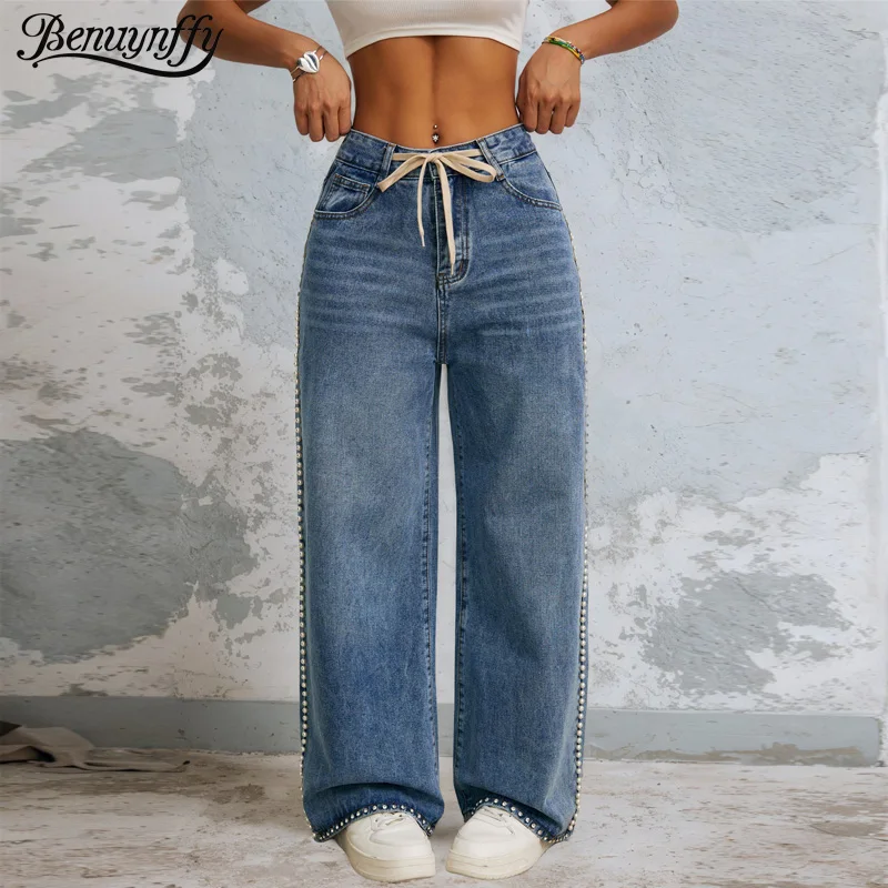 

Benuynffy American Retro Beading Wide-leg Jeans Women's Casual Streetwear Drawstring High Waist Baggy Straight Denim Pants