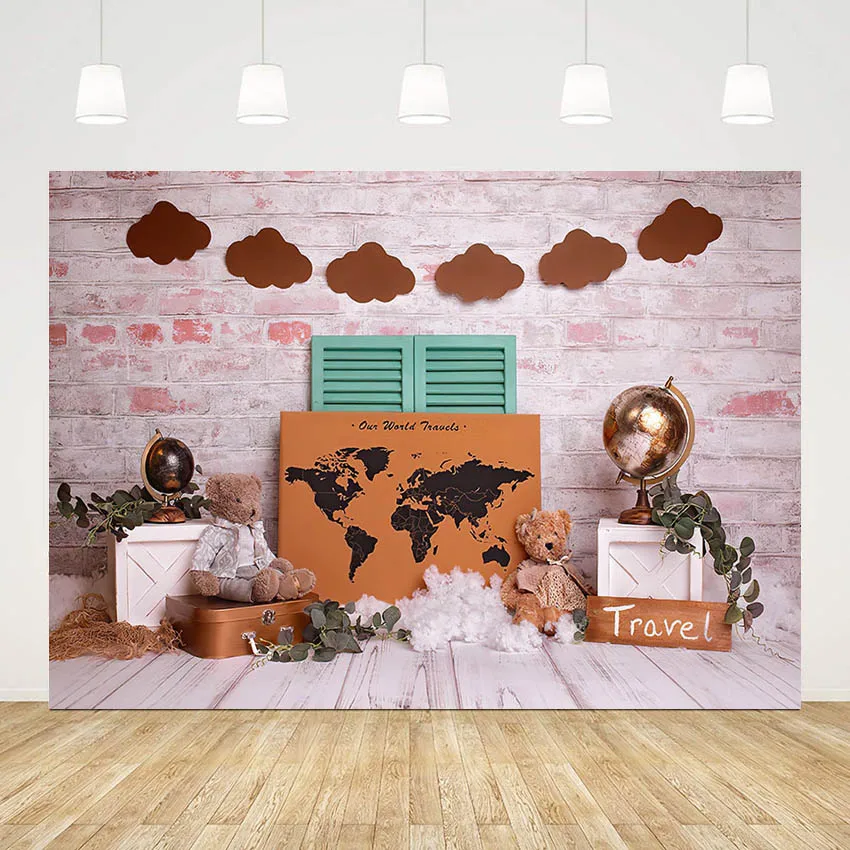 

Mehofond Adventure Photography Background World Map Travel Brick Clouds Baby Shower Birthday Party Backdrop Photo Studio Booth