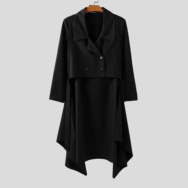 

INCERUN мужской нерегулярный Тренч с однотонными лацканами и длинными рукавами, двубортное мужское длинное стильное пальто, уличная одежда, свободная модная ветровка