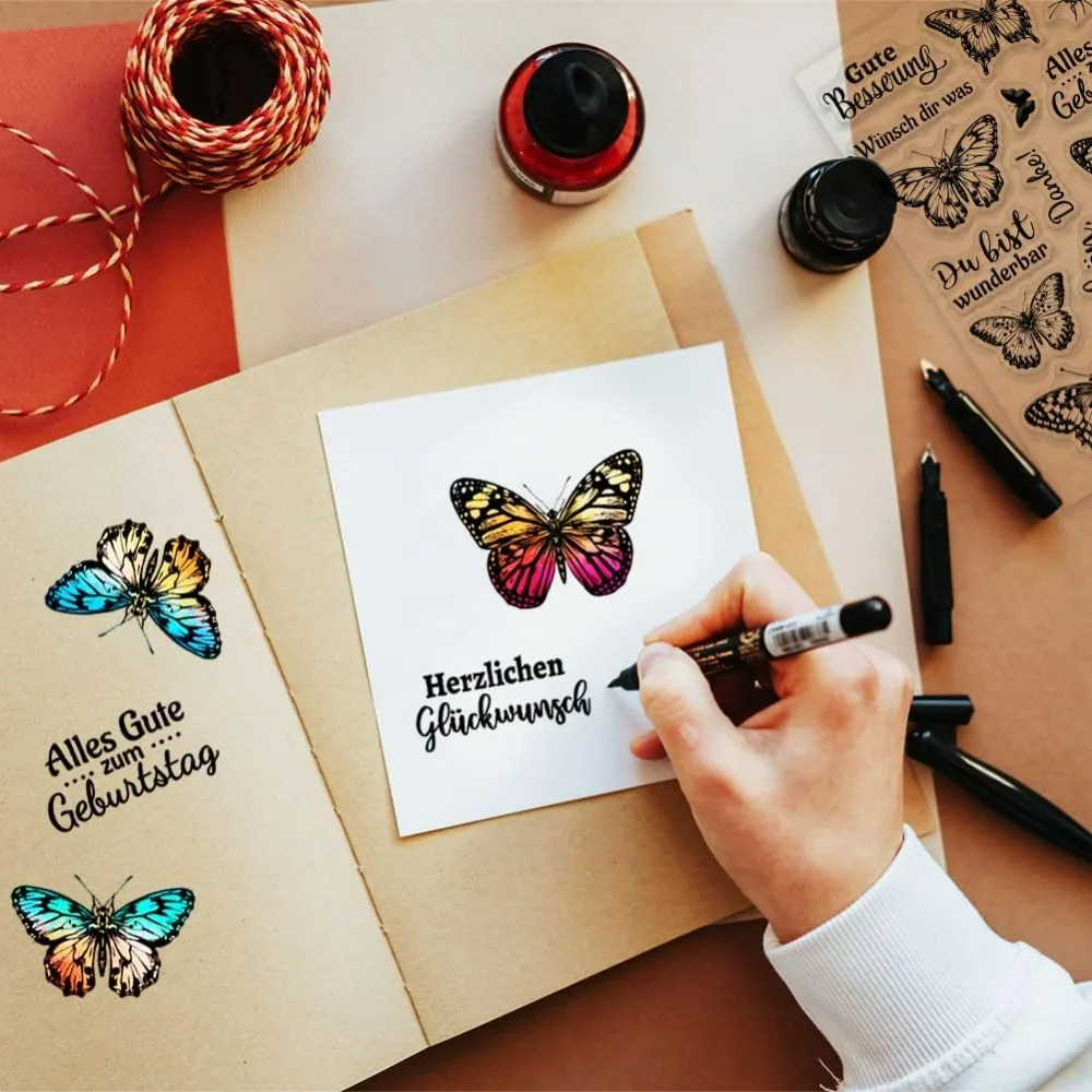 Sayings German and Butterfly Clear Stamps for DIY Scrapbooking German Emotional Word Silicone Clear Stamp Transparent Stamps