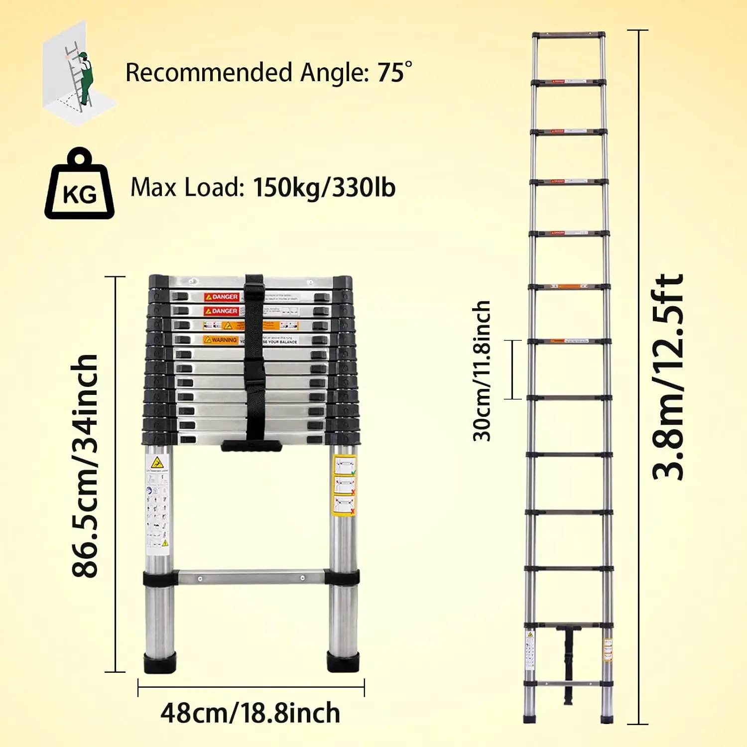 3.8M Telescopic Ladder 12.5FT Multi-Purpose Stainless Steel Telescoping Ladder Extendable Portable Sturdy Loft Ladder with EN131
