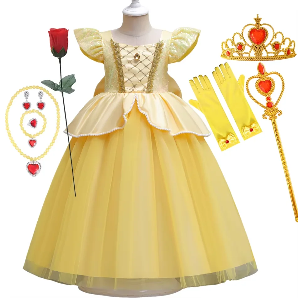 

Girl Disney Belle Princess Dress Up Floral Children Party Ball Gown Costume Kids Beauty and The Beast Halloween Carnival Outfit