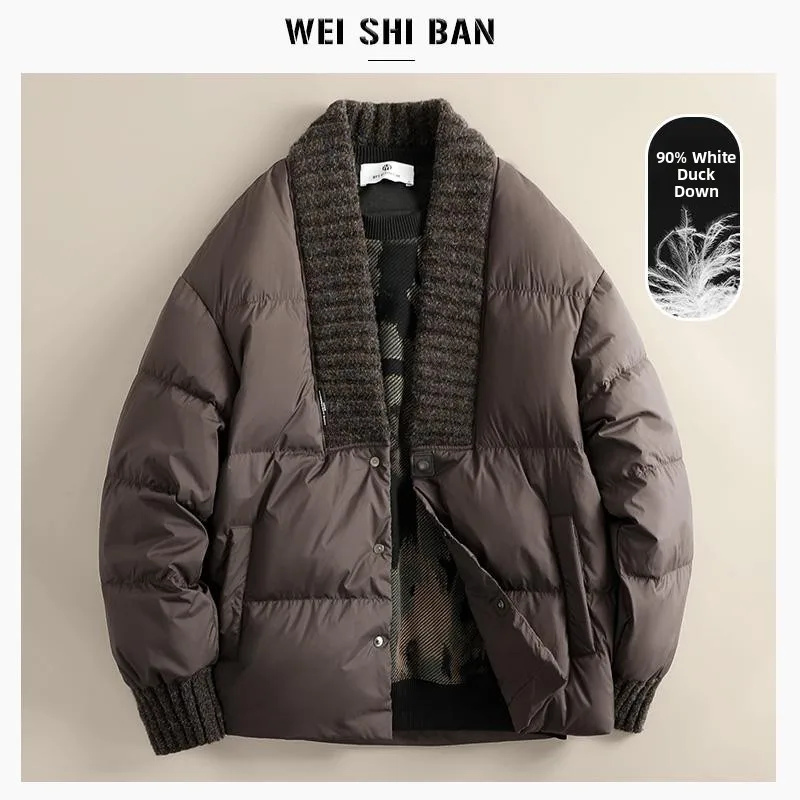 

Retro Chinese Sle Men's down Jaet Large V-Ne Casual Warm White Du down Outerwear Youthful Faionable Windproof