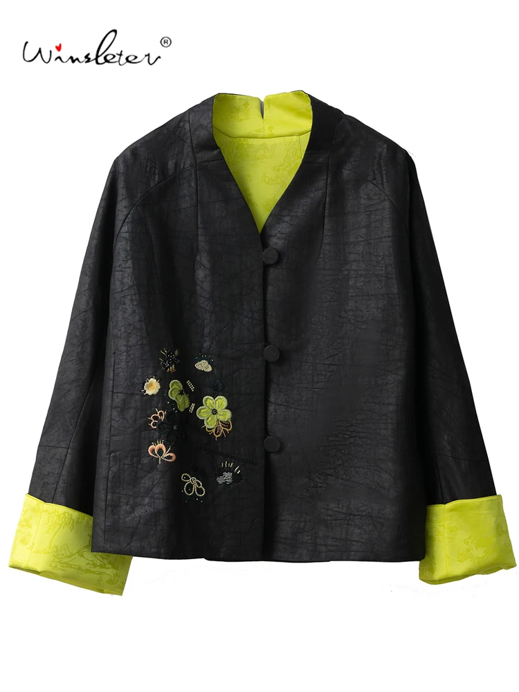 

Winsleter-100% Элегантное парчовое пальто из настоящего шелка, вышивка Craquelure, женское пальто в стиле ретро, осень 202, C59842CC