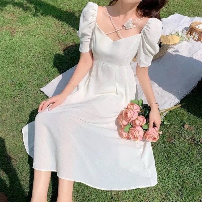 White Skirt Fairy Mori Girl Style Thin Square Neck Long Dresses Gentle Temperament Summer Dresses Women\'s Clothing Y2k Vestidos